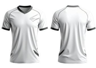 Front and back view of a blank white V-neck soccer jersey mockup for team apparel and sportswear design isolated on a white background