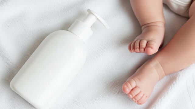 Baby feet next to a bottle of lotion on a soft white blanket  