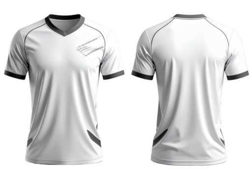 Front and back view of a blank white V-neck soccer jersey mockup for team apparel and sportswear design isolated on a white background