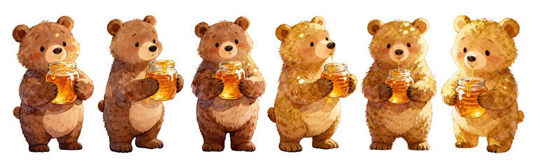 A set of watercolor style cute cartoon bears holding honey pots, bear stickers, suitable for exquisite packaging, textiles, covers, prints, banners, greeting cards, labels, wallpaper design.