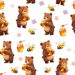 Transparent PNG watercolor bear pattern, featuring a bear with a saturated honey pot, bees, and a honey pot. Suitable for prints, fabrics, and wallpaper.