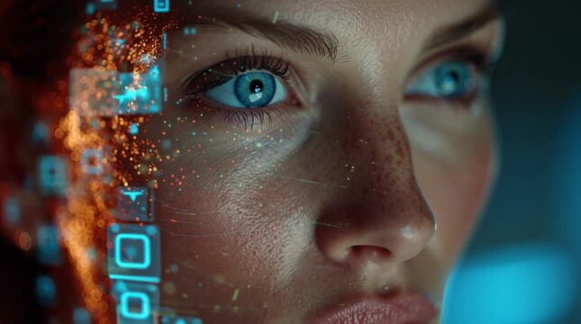 Close up of a woman's face with glowing blue eyes and digital interface overlay on her skin
