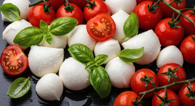 Fresh mozzarella balls with basil leaves and cherry tomatoes