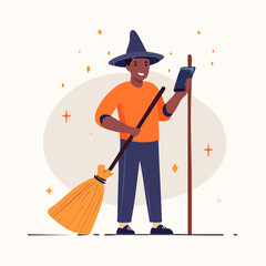 Minimal flat vector of a modern witch using a smartphone and holding a broom, trendy outfit, geometric clean shapes, no gradients, simple background
