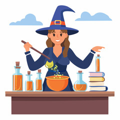 Detailed vector of a witch mixing potions in a laboratory, bottles and spell books on a table, clean flat design, solid colors, no shadows or texture