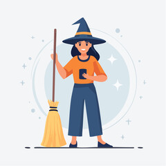 Minimal flat vector of a modern witch using a smartphone and holding a broom, trendy outfit, geometric clean shapes, no gradients, simple background