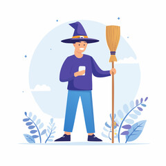 Minimal flat vector of a modern witch using a smartphone and holding a broom, trendy outfit, geometric clean shapes, no gradients, simple background