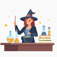 Detailed vector of a witch mixing potions in a laboratory, bottles and spell books on a table, clean flat design, solid colors, no shadows or texture