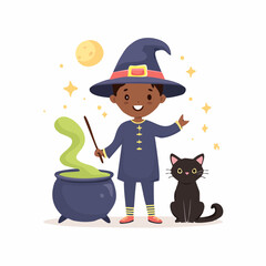 Vector artwork of a cute witch standing next to a black cat and a cauldron, flat pastel color palette, crisp lines, no shading, minimalist Halloween theme