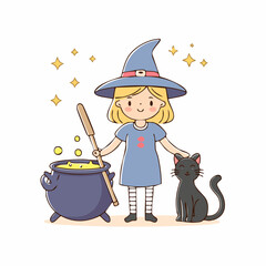 Vector artwork of a cute witch standing next to a black cat and a cauldron, flat pastel color palette, crisp lines, no shading, minimalist Halloween theme