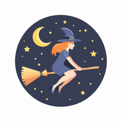 Flat vector design of a witch flying on a broomstick across a simple night sky, stars and crescent moon, clean style, no gradients or shadows, smooth shapes