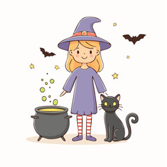 Vector artwork of a cute witch standing next to a black cat and a cauldron, flat pastel color palette, crisp lines, no shading, minimalist Halloween theme
