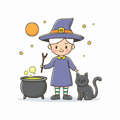 Vector artwork of a cute witch standing next to a black cat and a cauldron, flat pastel color palette, crisp lines, no shading, minimalist Halloween theme