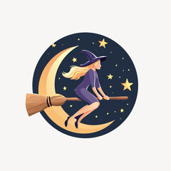 Flat vector design of a witch flying on a broomstick across a simple night sky, stars and crescent moon, clean style, no gradients or shadows, smooth shapes