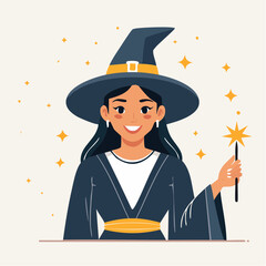 Clean vector illustration of a young witch holding a magic wand, wearing a pointy hat and robe, flat colors, no shadows, minimalist background, detailed line work