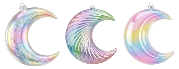 Three Crescent Moon Iridescent Pastel Christmas Ornaments