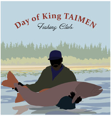 Fishing club. Man with the big fish taimen. Vector illustration
