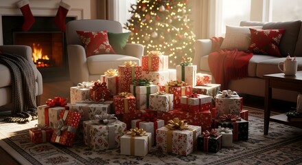 A festive living room scene with a large pile of wrapped Christmas gifts.