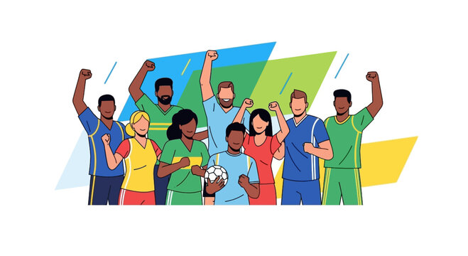 Dynamic diverse soccer team celebrates victory with raised fists and vibrant energy