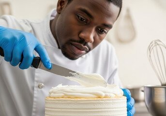 Focused male pastry chef carefully applies smooth whipped frosting on cake with spatula in professional kitchen, demonstrating baking skills and culinary precision