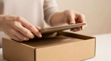 Woman carefully sealing cardboard box with corrugated lid, preparing package for shipping or storage at home, hands efficiently handling packaging materials on neutral background