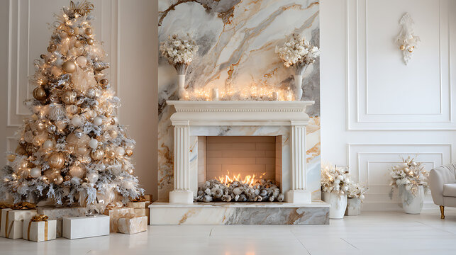 Luxury marble fireplace paired with a lavish Christmas tree covered in metallic ornaments, shimmering lights, and designer gift boxes, refined festive style, isolated on white background - Powered by Adobe