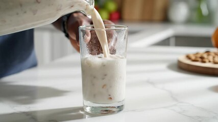 Pouring almond milk smoothie into glass on a kitchen counter with snacks nearby - Powered by Adobe