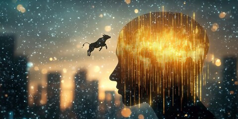 Bull of success rising from human mind financial growth concept