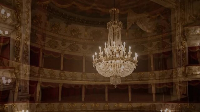 A grand, ornate theater interior showcasing multiple levels of seating and a large chandelier