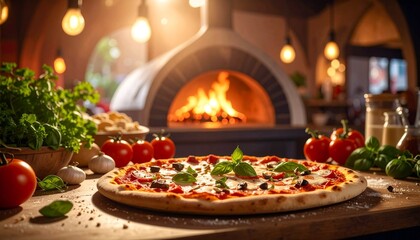 Naklejka premium pizza em close up com produtos decorando ao redor pizzaria fotografia de alimentos detalhes ingredientes delica de pizza pizza italiana