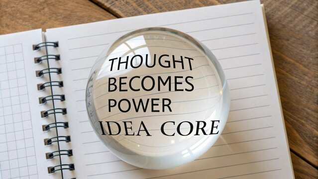Inspirational Glass Sphere on Notebook Emphasizing the Power of Thought and Ideas for Creative and Motivational Purposes