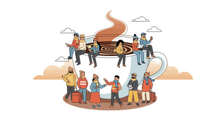 Cozy winter getaway with friends sharing coffee and stories during a festive celebration