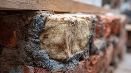 Fototapeta premium Brick Wall Repair with Mortar and Insulation Close Up View