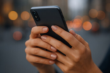 Women's hands hold a smartphone against the backdrop of blurred city lights