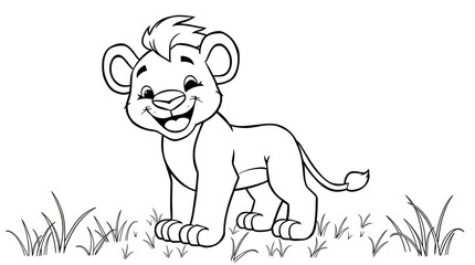 Cute lion coloring pages for kids. Black and white cartoon illustrations of smiling lions, perfect for kids' coloring and preschool activities.