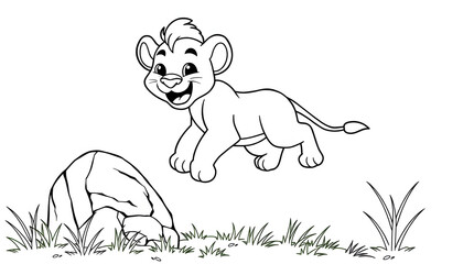 Cute lion coloring pages for kids. Black and white cartoon illustrations of smiling lions, perfect for kids' coloring and preschool activities.