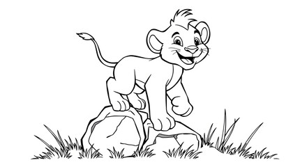 Cute lion coloring pages for kids. Black and white cartoon illustrations of smiling lions, perfect for kids' coloring and preschool activities.
