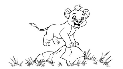 Cute lion coloring pages for kids. Black and white cartoon illustrations of smiling lions, perfect for kids' coloring and preschool activities.