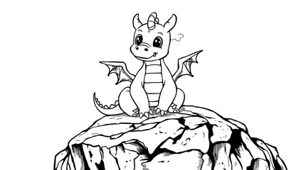 Cute baby dragon coloring page for kids. Black and white cartoon illustration with wings and scales, perfect for preschool fantasy fun and printable art activities