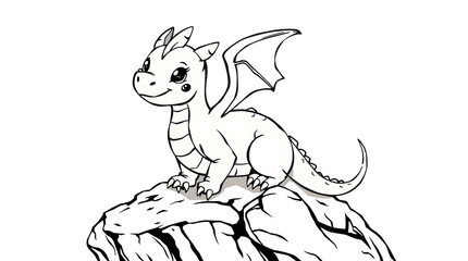 Cute baby dragon coloring page for kids. Black and white cartoon illustration with wings and scales, perfect for preschool fantasy fun and printable art activities