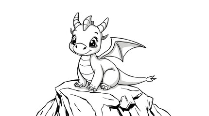 Cute baby dragon coloring page for kids. Black and white cartoon illustration with wings and scales, perfect for preschool fantasy fun and printable art activities