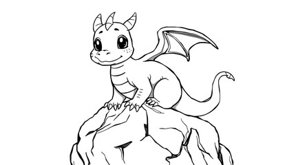 Cute baby dragon coloring page for kids. Black and white cartoon illustration with wings and scales, perfect for preschool fantasy fun and printable art activities