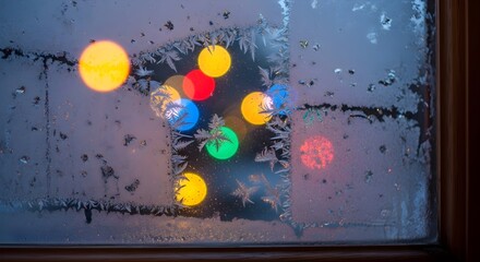 A frosty window pane with ice crystals framing colorful bokeh lights, creating a festive, wintery scene.