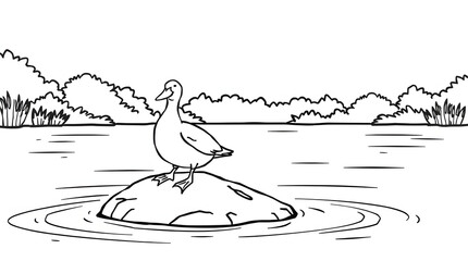 Simple duck coloring page for kids. Cute cartoon bird standing on a rock in the pond. Perfect black and white printable for children&rsquo;s learning and fun art activity.
