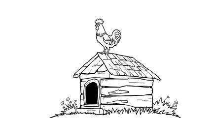Farm rooster coloring page for kids. Cute cartoon chicken standing on the roof of a small barn. Fun and simple black and white printable for preschool and children&rsquo;s art activities.