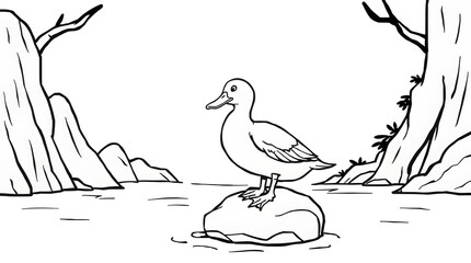 Simple duck coloring page for kids. Cute cartoon bird standing on a rock in the pond. Perfect black and white printable for children&rsquo;s learning and fun art activity.