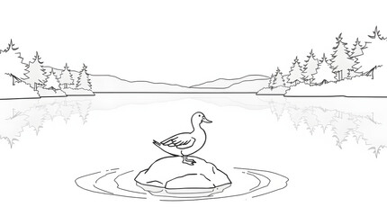 Simple duck coloring page for kids. Cute cartoon bird standing on a rock in the pond. Perfect black and white printable for children&rsquo;s learning and fun art activity.