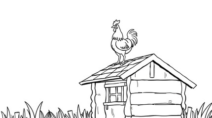 Farm rooster coloring page for kids. Cute cartoon chicken standing on the roof of a small barn. Fun and simple black and white printable for preschool and children&rsquo;s art activities.