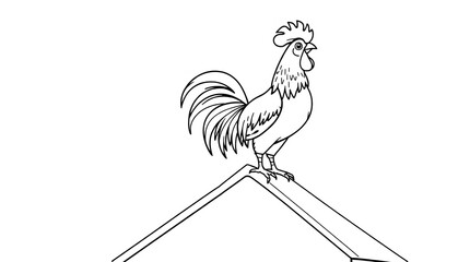 Farm rooster coloring page for kids. Cute cartoon chicken standing on the roof of a small barn. Fun and simple black and white printable for preschool and children&rsquo;s art activities.