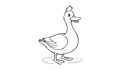 Simple duck coloring page for kids. Cute cartoon bird standing on a rock in the pond. Perfect black and white printable for children&rsquo;s learning and fun art activity.